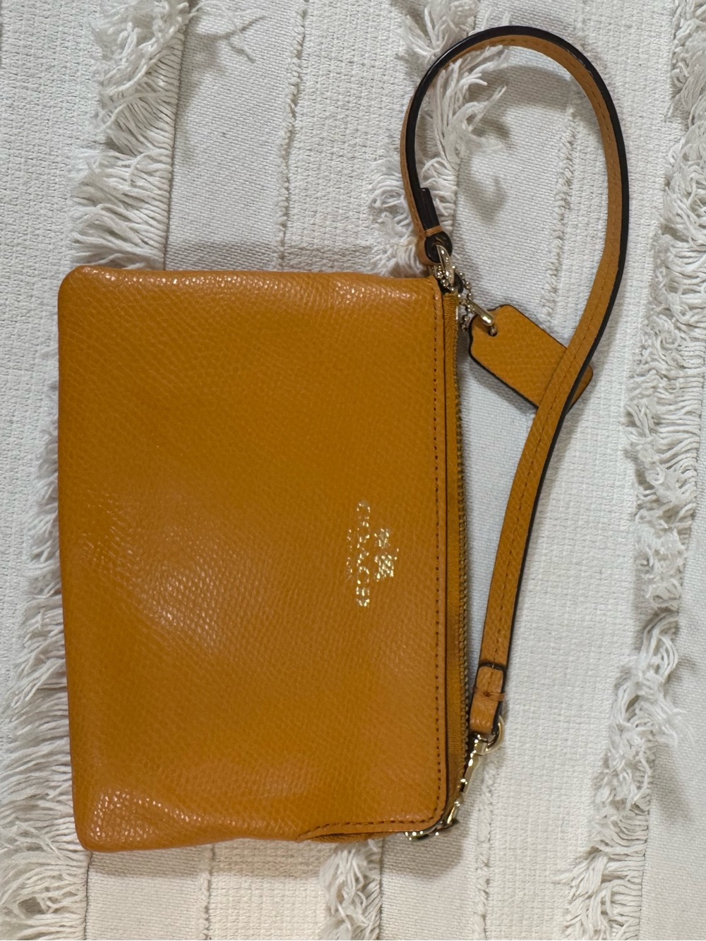 Coach Mustard Leather Zip Wristlet with Strap